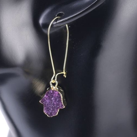 New Handmade Druzy Hamsa Hand Drop Earrings 💜 - Picture 3 of 10